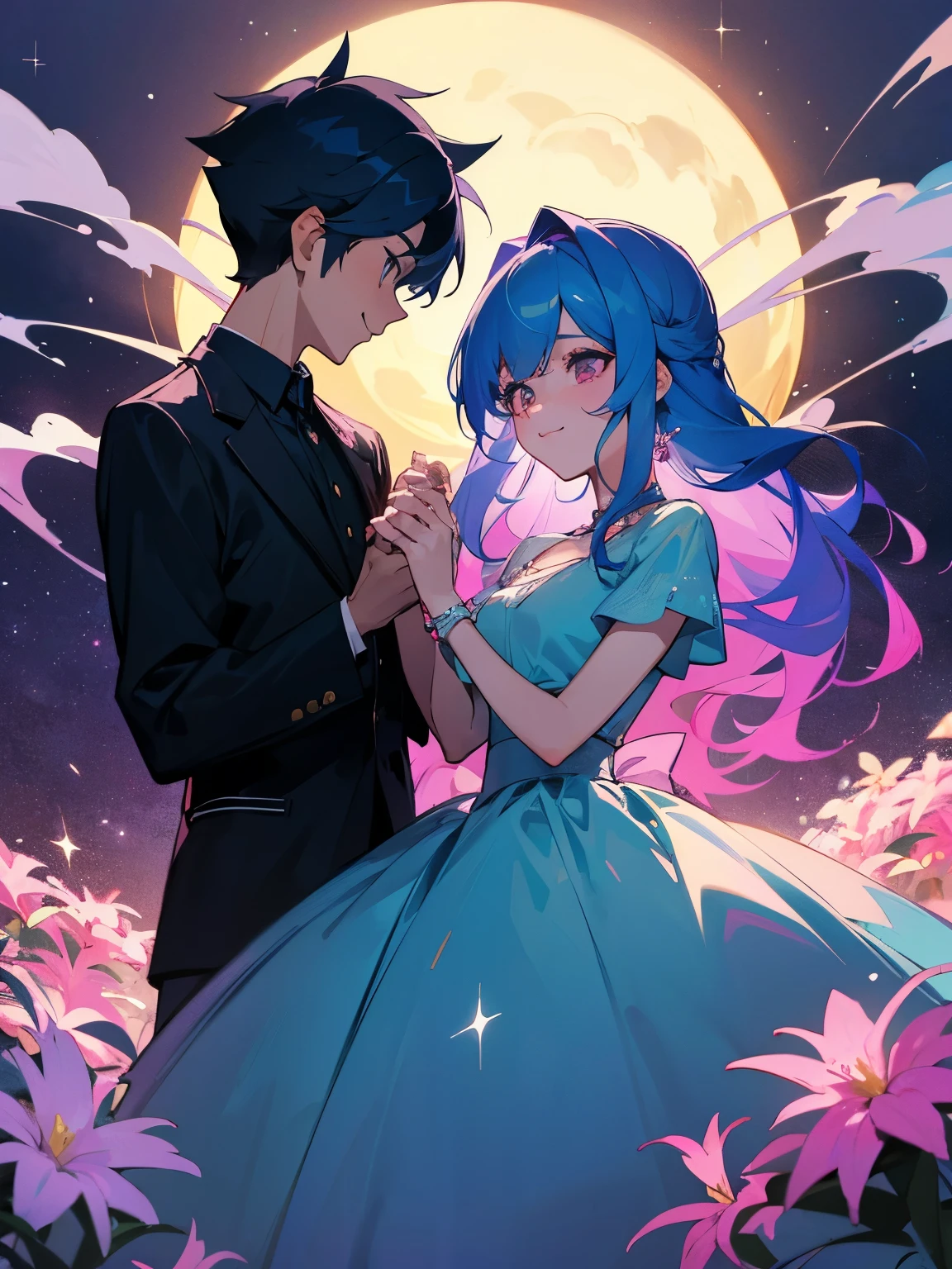 cartoon of a boy and a girl standing close together, ddlc, in the art style of 8 0 s anime, 9 0 s anime style, 90s anime style, in anime style, in an anime style, anime aesthetic, anime vibes, 9 0 s anime aesthetic, 9 0 s anime art style, lofi boy and girl, beautiful background outside, background at night with stars and a moon, fairy lights, beautiful background in a floral garden with fairy lights at night, a cute boy and a cute girl, beautiful faces, a boy and a girl, don't extra hands, NO extra hands, generate a boy and a girl with NO extra hands, NO extra arm, the boy has a short hairstyle and the girl has a long hairstyle, the boy has blue hair, the girl has pink hair, pretty faces, cute pretty boy in a smoking dress, cute pretty girl in a beautiful dress, with amazing smile, boy has a pretty smile, girl has a cute smile