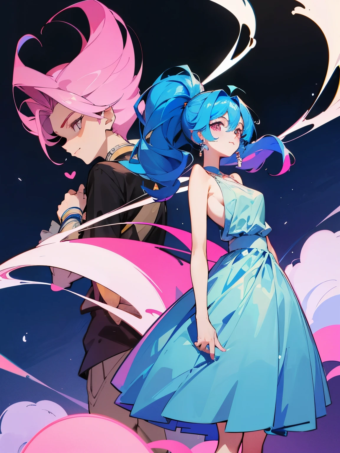cartoon of a boy and a girl standing close together, ddlc, in the art style of 8 0 s anime, 9 0 s anime style, 90s anime style, in anime style, in an anime style, anime aesthetic, anime vibes, 9 0 s anime aesthetic, 9 0 s anime art style, lofi boy and girl, beautiful background outside, background at night with stars and a moon, fairy lights, beautiful background in a floral garden with fairy lights at night, a cute boy and a cute girl, beautiful faces, a boy and a girl, don't extra hands, NO extra hands, generate a boy and a girl with NO extra hands, NO extra arm, the boy has a short hairstyle and the girl has a long hairstyle, the boy has blue hair, the girl has pink hair, pretty faces, cute pretty boy in a smoking dress, cute pretty girl in a beautiful dress, with amazing smile, boy has a pretty smile, girl has a cute smile