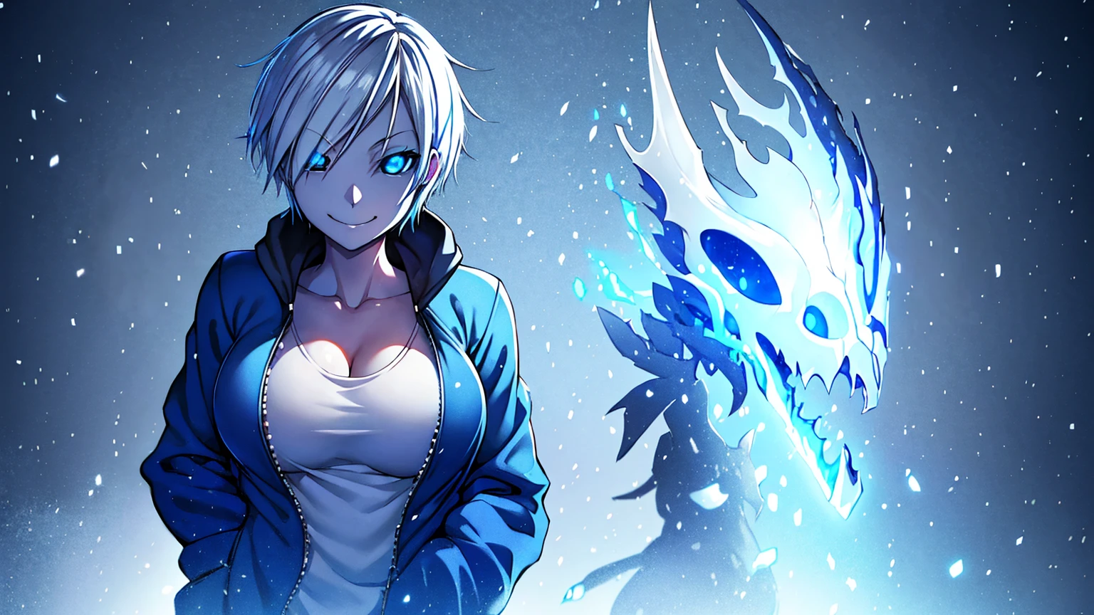 Toby Fox Undertale Sans blue jacket white shirt,Fire eyes skull smile white short hair glow one standing in snow town Femininefull big breast breast enlargement full-body shot illustration, ultra-detailed, HDR, vibrant colors, soft lighting