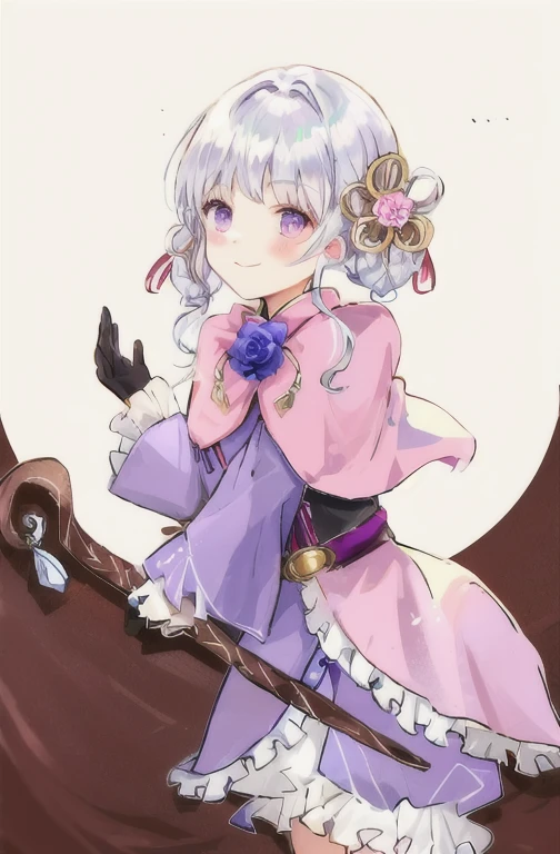A girl with silver hair and braids on both sides。She has a pink flower hair ornament made of string next to her ear.。Wearing a light pinkish purple cape。The cape has a ball accessory attached around the neck.。She wears a purple dress with a leather belt。The dress is open at the front of the lower body。Wearing drawers。Wearing brown leather gloves。Holding a shepherd's crook。