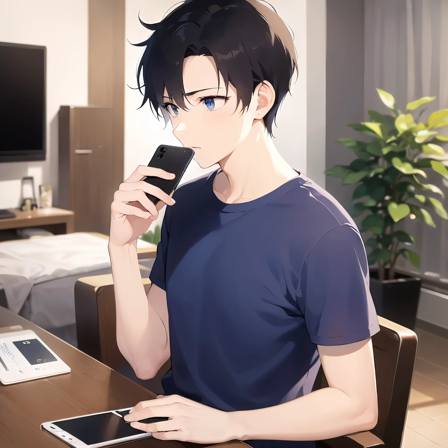 holding a phone, side angle, (looking away:1.5), shiny skin, masterpiece、highest quality、(25-year-old male:1.5) and (Black short hair) and (blue eyes), White T-shirt、Are standing、(sad:1.3), The background is the living room、(Alone:1.5)