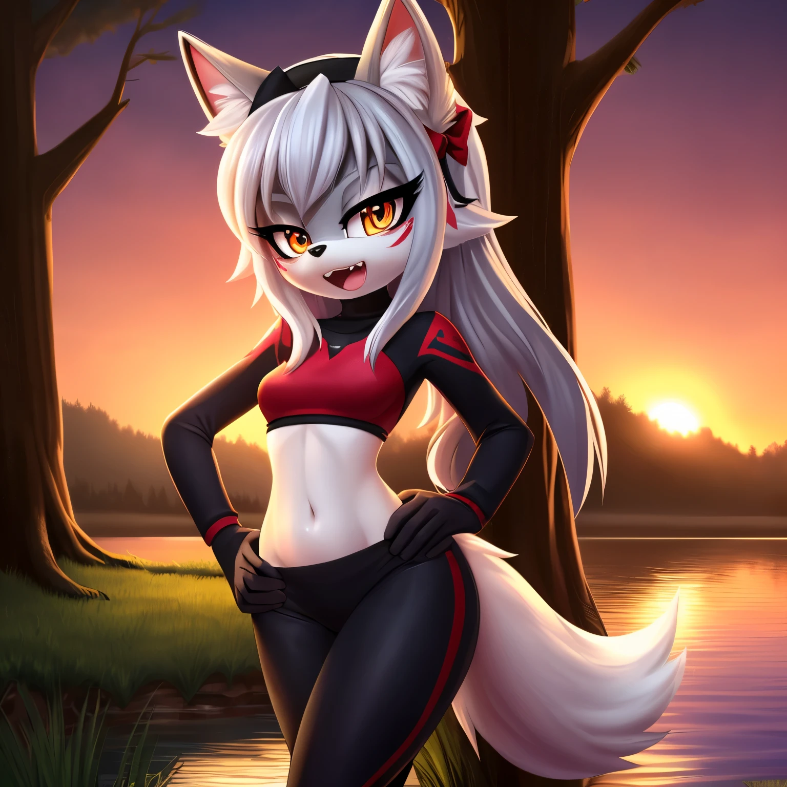 masterpiece, best quality, ultra-detailed, cinematic lighting, beautiful lighting, detailed background, detailed iris, detailed eyes, shading, intricate details, ((sharp, dynamic pose, expressive eyes)), ((4k)), ((2d, 2d art)), digital art, solo, outdoors, 1girl, animal ear fluff, navel, hairband, open mouth, (crop top), long hair, animal ears, breasts, tree, furry, clothing cutout, ((red cropped tube top)), fox girl, whitish light grey hair, one hand on hip, bangs, cowboy shot, pants, black gloves, animal nose, gloves, fox ears, nature, standing, furry female, water, sunset, looking at viewer, (((whitish light grey fur))), forest, ((black long sleeves)), ribbon, black yoga pants, black hairband, clenched hands, sky, tail, hair ribbon, fang, midriff, black ribbon, medium breasts, fox tail, very long hair, orange eyes, stomach, heart, body fur, river, sidelocks, fuzzy white muzzle, shiny, lake, grass, small breasts, scenery, fur trim, (red markings on face), ((red makeup)), eyeshadow, ((blank expression)), :/