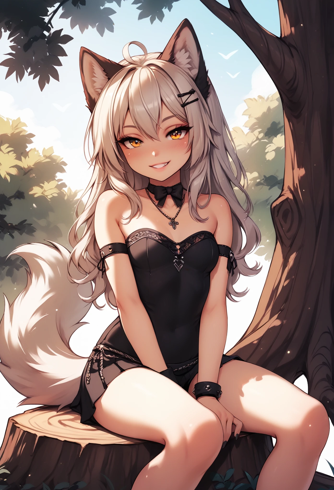 1girl, animal ears, animal_humanoid, canid_humanoid, fox_humanoid, wolf ears, wolf girl, small breasts, wolf tail, , BREAK
sitting, looking at viewer, (half-closed eyes), seductive smile, BREAK
day, bare tree, outdoors, tree, tree stump, BREAK
score_9, score_8_up, score_7_up, score_6_up,