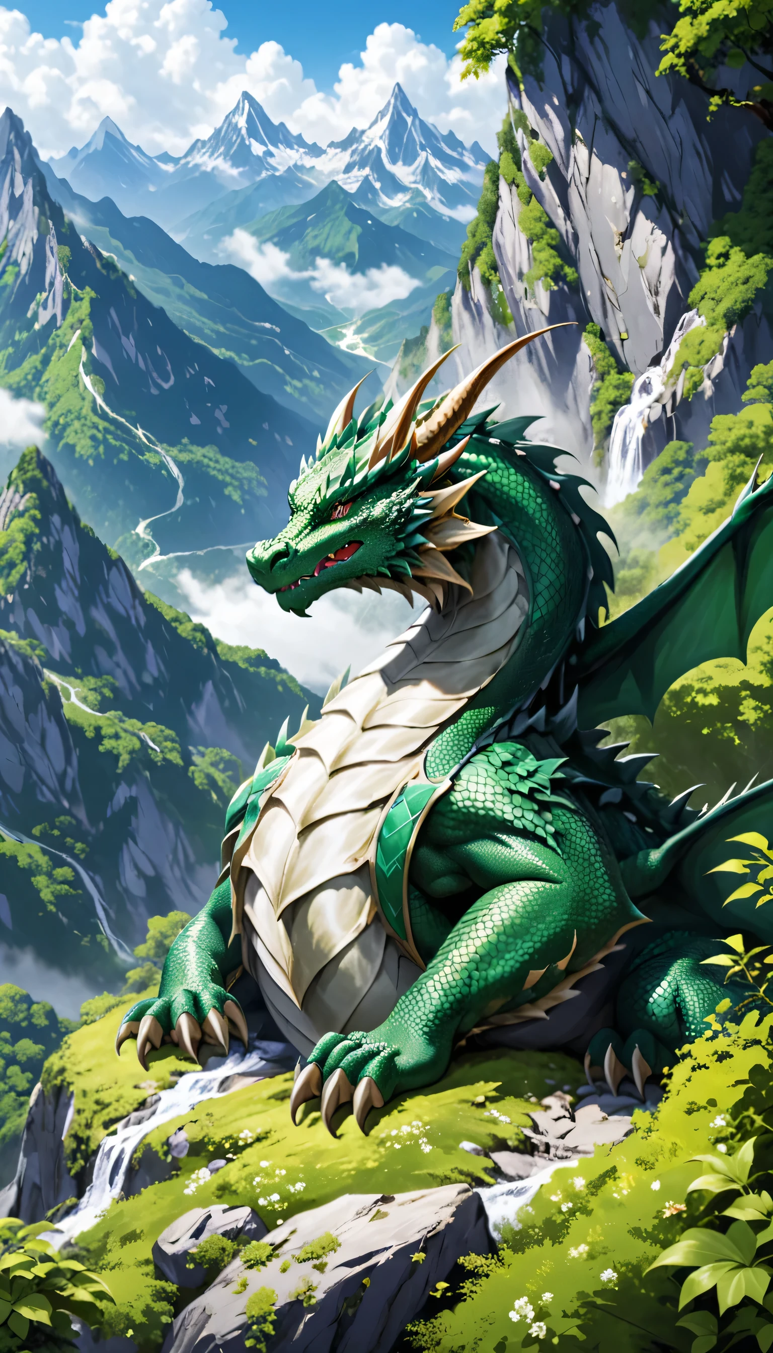 A green dragon sitting on a rock in the mountains - SeaArt AI