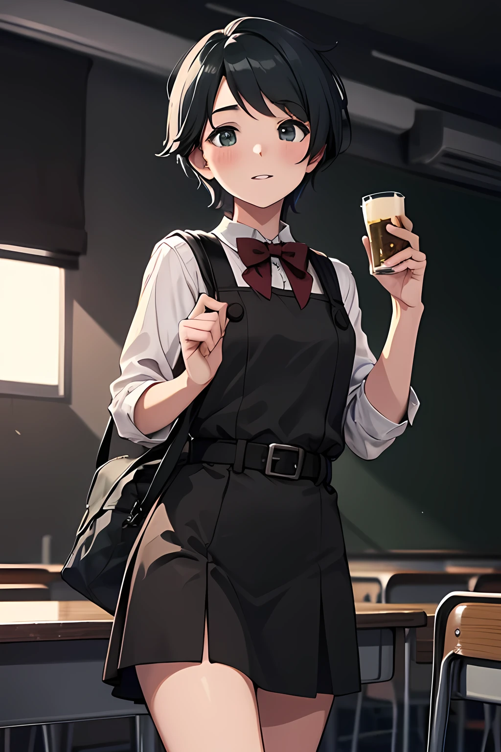 ((masterpiece,best quality)), highres, extremely detailed 8K wallpaper, depth_of_field, best shadow, (Colorful),(Delicate eyes and face), Perfect hands, (no lighting), Ray tracing, BREAK
(1girl), mogami \(kancolle\), black hair, short hair, black eyes / green eyes, swept bangs, (full-face blush), slender, skinny, best smile, parted lips, BREAK,
standing, perfect hands, BPD,((black pinafore dress)),long skirt,red bowtie,belt, school bag, BREAK,
Cowboy Shots and knee, school, classroom, (((night time))), ((dark backgrounds:1.2)),