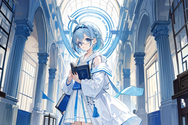 Light blue hair　braided　Hairstyle to the shoulders　Bob　Round Glasses　Blue headband on head　White hooded robe　White sleeveless　Blue ribbon around the neck　Blue Skirt　Holding a book in both hands　１People Girl　Looking at me