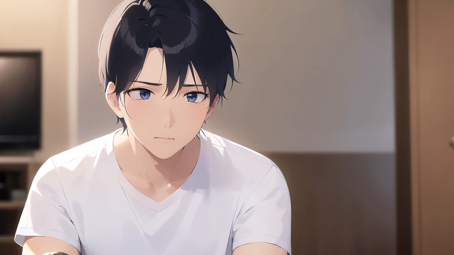 holding a phone, side angle, (looking away:1.5), shiny skin, masterpiece、highest quality、(25-year-old male:1.5) and (Black short hair) and (blue eyes), White T-shirt、Are standing、(sad:1.3), The background is the living room、(Alone:1.5)