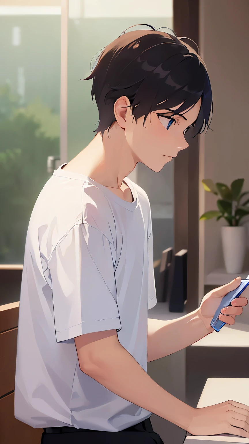 holding a phone, side angle, (looking away:1.5), shiny skin, masterpiece、highest quality、(25-year-old male:1.5) and (Black short hair) and (blue eyes), White T-shirt、Are standing、(sad:1.3), The background is the living room、(Alone:1.5)