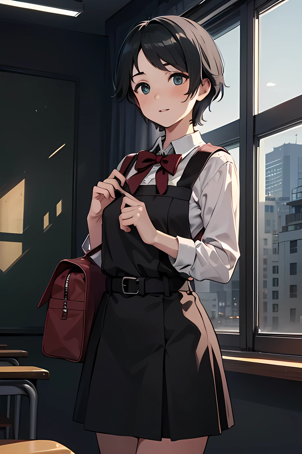 ((masterpiece,best quality)), highres, extremely detailed 8K wallpaper, depth_of_field, best shadow, (Colorful),(Delicate eyes and face), Perfect hands, (no lighting), Ray tracing, BREAK
(1girl), mogami \(kancolle\), black hair, short hair, black eyes / green eyes, swept bangs, (full-face blush), slender, skinny, best smile, parted lips, BREAK,
standing, perfect hands, BPD,((black pinafore dress)),long skirt,red bowtie,belt, school bag, BREAK,
Cowboy Shots and knee, school, classroom, (((night time))), ((dark backgrounds:1.2)),