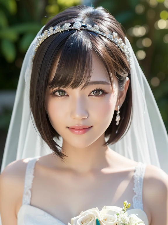 (highest quality:1.5), (Realistic:1.5), (1 person:1.5), (Medium Shot:1.5), Very detailed, High resolution, 8k wallpaper, , Small breasts, Natural color lips, Cute Smile, Japanese women, 20-year-old girl, Beautiful and elegant face, Perfect and beautiful face, Big eyes, Brunette's eyes, Beautiful and elegant face, Perfect and beautiful double eyelids, Natural Bangs, Beautiful thin nose, Beautiful Skin, Chestnut Hair, Medium Bob Hair, Shortcuts, Natural Bangs, Perfect and beautiful face, Slim face and figure, (Looking at the camera), Bright lighting, Professional Lighting, Forward lighting, Natural smile, church, Princess line wedding dress, tiara、Holding the bouquet at stomach level、
