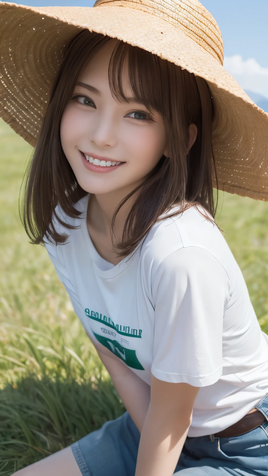 (highest quality,masterpiece:1.3,ultra high resolution),(Super detailed,caustics,8k),(photorealistic:1.4,RAW shooting),16-year-old,cute,Japanese,straw hat,Black Hair Middle Hair,(T-shirt),(smile),looking at the camera,blue sky,sun,Backlight,(top of the hill),(Tall green grassland:1.1),(Standing in the steppe),(ground level shot:1.1),(shot from the waist up),(face focus),(face close up),(low position:1.2),(Low - Angle:1.2),Natural light , (shy smile :1.3)