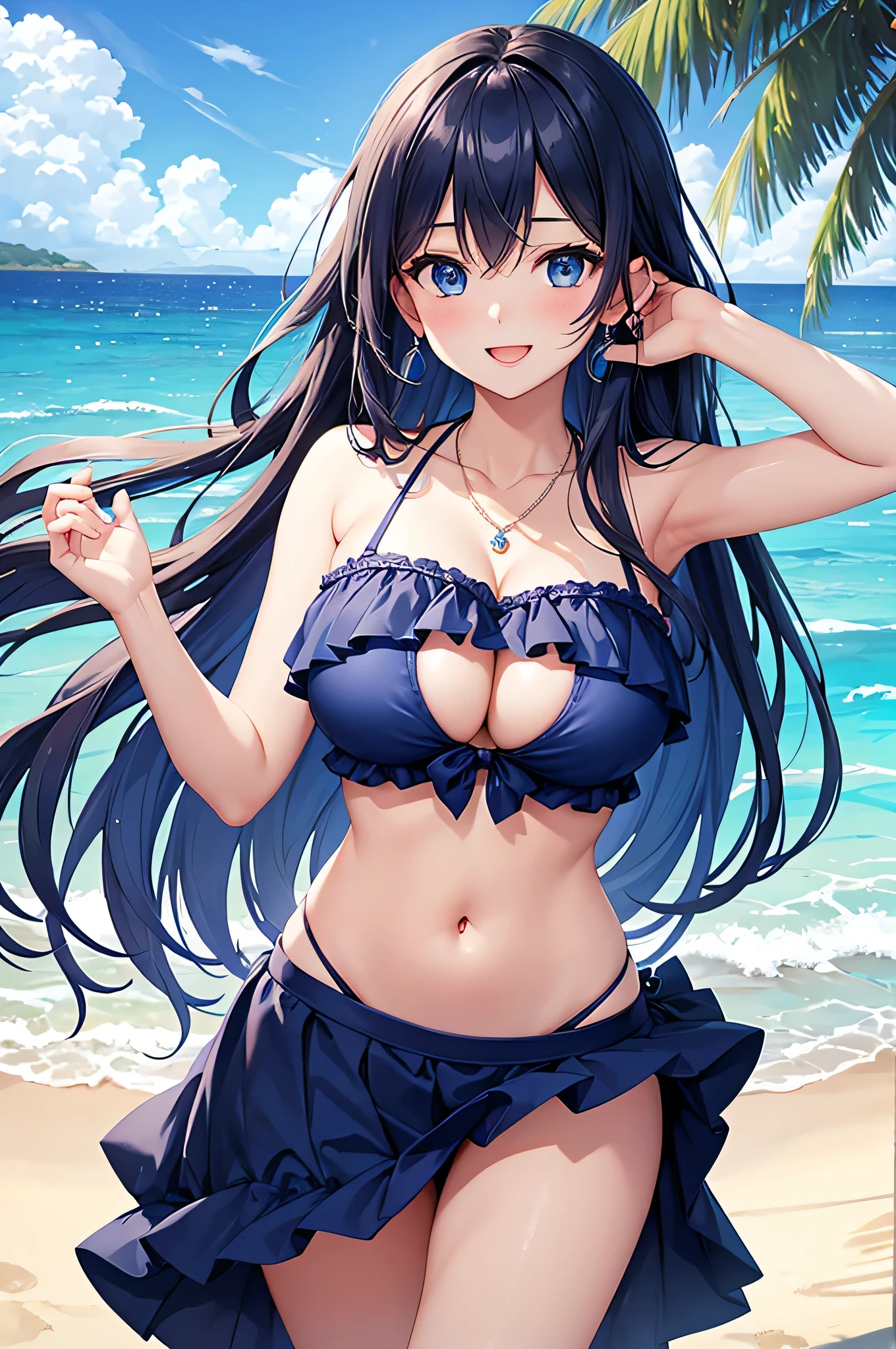 highest quality、Best image quality、masterpiece、beautiful girl、Navy blue long hair、blue eyes、Navy Blue Bikini、Big cleavage、(Big Breasts)、smile、blue necklace、Blue Earrings、background(Beach)、Sexy pose、Please open your mouth wide、Navy Blue Skirt