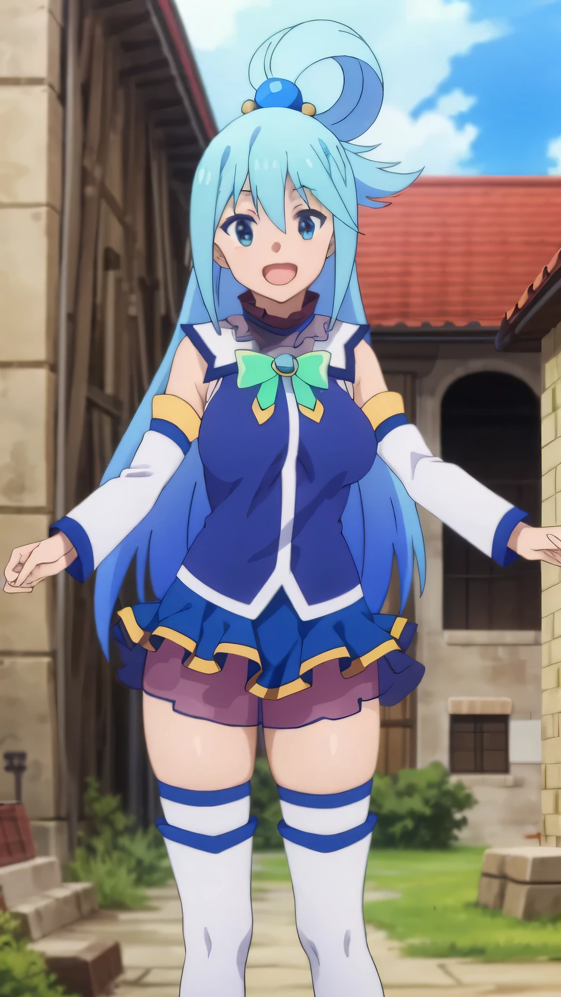 {{{masterpiece}}}, {{{best quality}}}, {{ultra-detailed}}, {illustration}, {{an extremely delicate and beautiful}}, 8k, nsfw, 18 years old, aqua (konosuba)1girl, long hair, blue eyes, hair ornament, very long hair, blue hair, bangs, hair rings, single hair ring, hair bobbles, skirt, shirt, thighhighs, bare shoulders, detached sleeves, white sleeves, white thighhighs, blue skirt, petticoat, blue shirt, green bow, blue long boots, large breasts, thighs, zettai ryouiki, BREAK, Medieval Europe A blue-haired girl is smiling with her arms outstretched against a building in the background, outstretched arms, open mouth, day, under the sunlight ,from below,sky