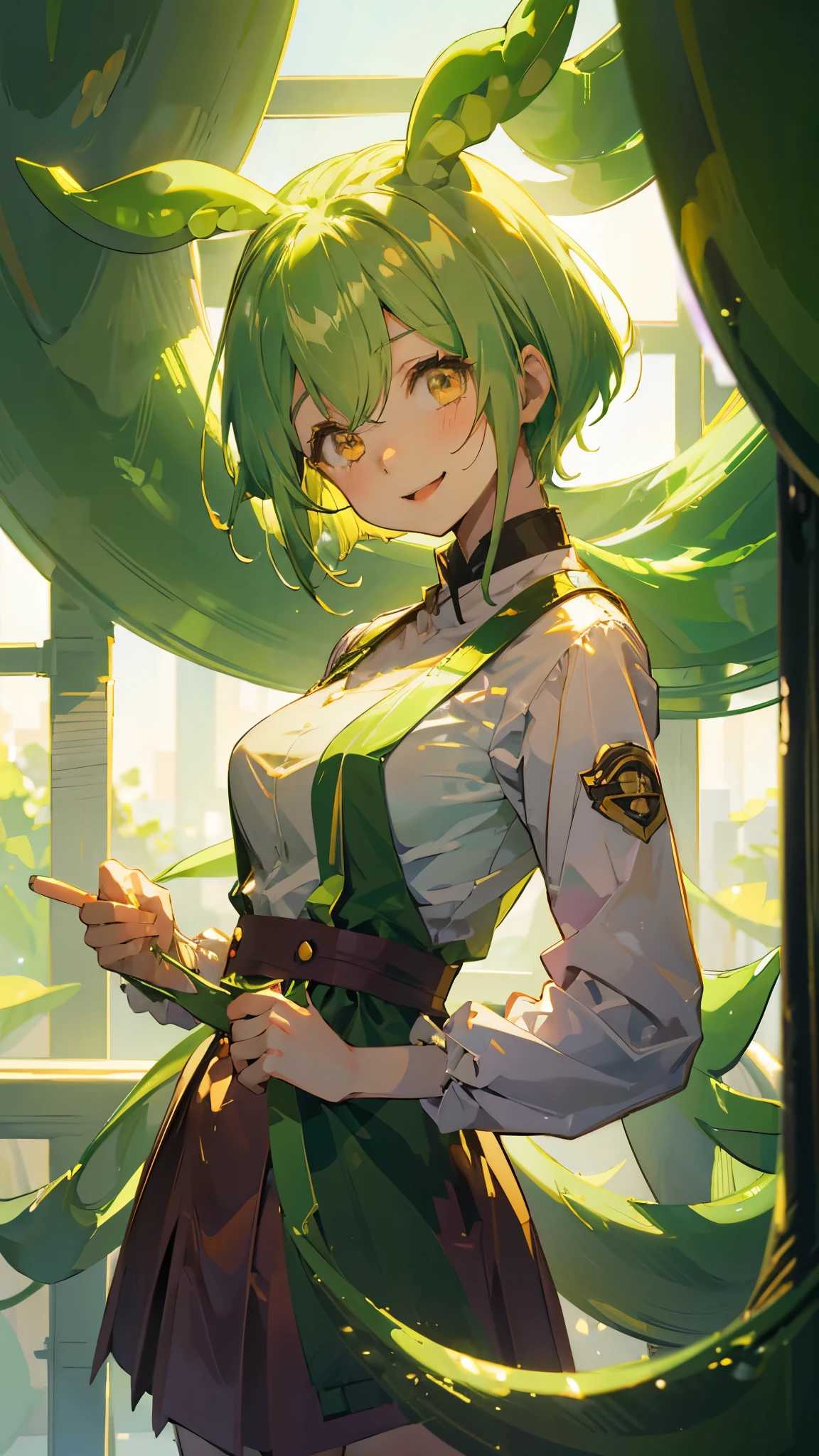 Beautiful girl，Yellow-green hair，Beaver、short hair、Gently droopy eyes，Big ample breasts、uniform，Manga Style，Full Color，high school girl，A calm and kind face，Big smile、An innocent smile