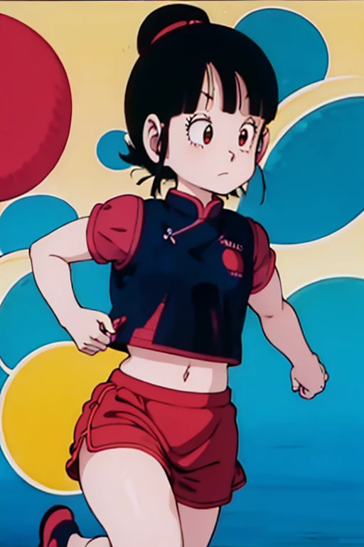 8-year-old、Girl with black bob hair、running、summer、Short sleeve、Red Skirt、Diagonally below