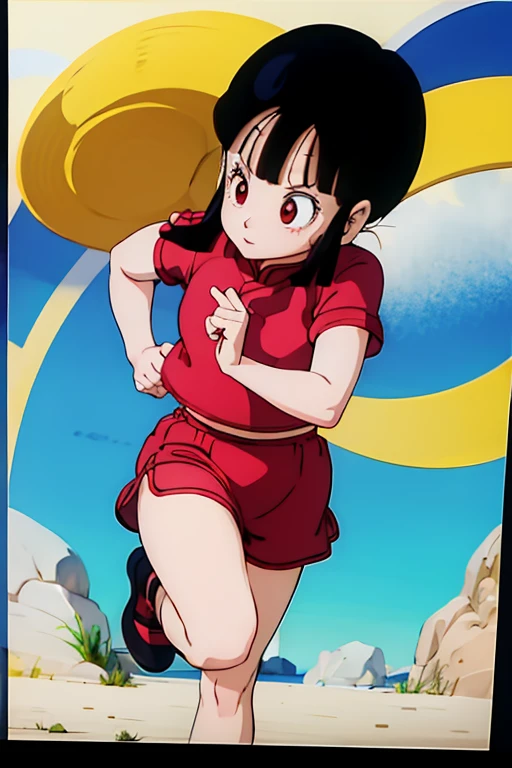 8-year-old、Girl with black bob hair、running、summer、Short sleeve、Red Skirt、Diagonally below
