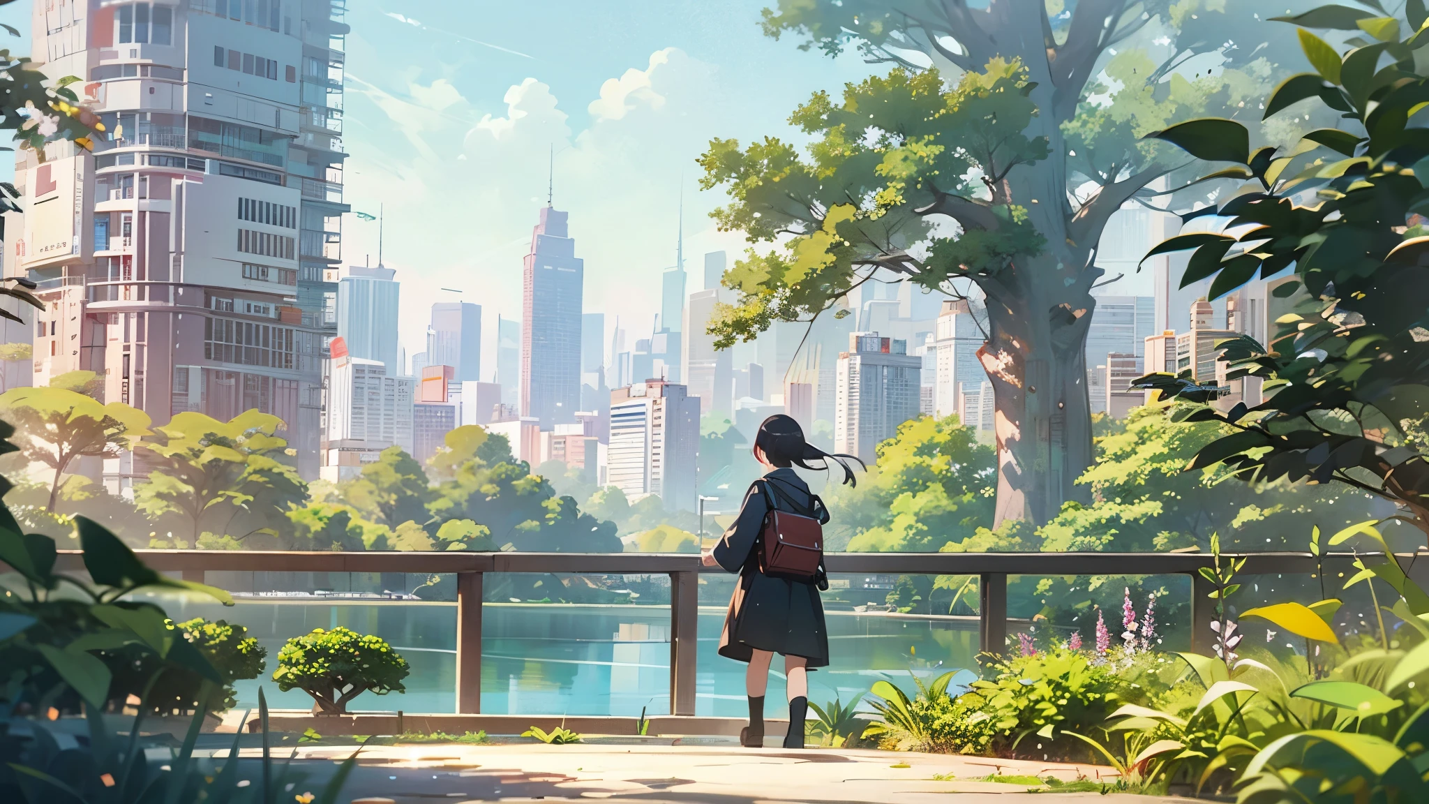 Kasuga,garden,(lakeside),Perfect picture quality, ((best quality)), ((masterpiece)), (detailed), Imagine yourself strolling through a vast urban park nestled in the heart of a bustling city. As you wander along meandering pathways lined with lush greenery and colorful blooms, you catch glimpses of towering skyscrapers rising majestically against the skyline. Describe the scene before you: the juxtaposition of nature's tranquility against the backdrop of modern architecture, the soft rustle of leaves mingling with the distant hum of city life. Capture the sense of serenity and awe inspired by this harmonious blend of urban sophistication and natural beauty.