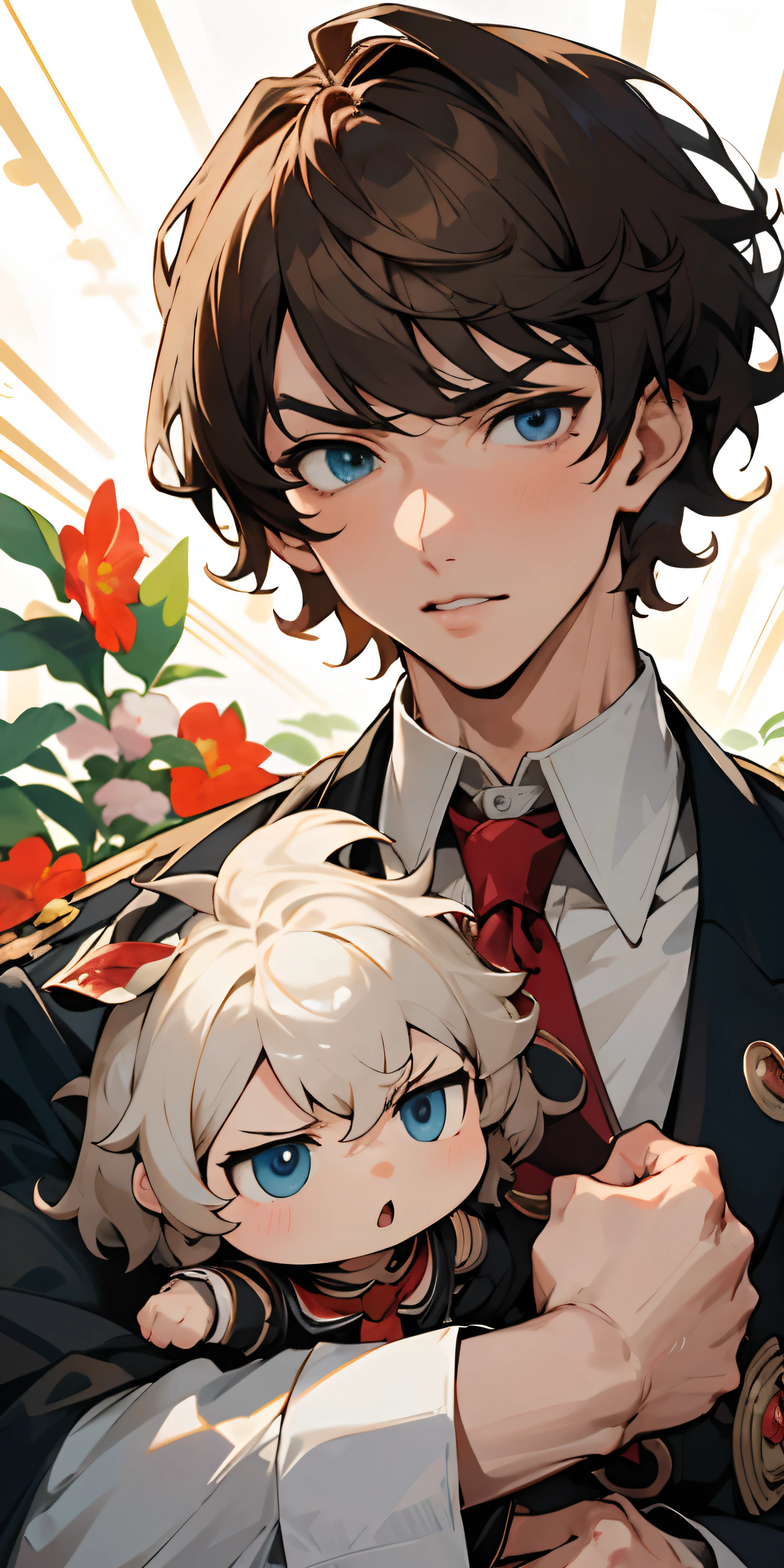 light brown short curly hair, heterochromia grey blue eyes, master chef, puppeteer, library books, posing heroic, fuccboi, popular, Kakegurui anime theme and concept, new student expert gamer (best quality, masterpiece, ultra-realistic), illustrated by Tōru Naomura. ,portrait of 1 soft dapper male, manly, gentle giant, serious and goofy expression, the background scenery is a garden with flowering bushes and lights flying around.