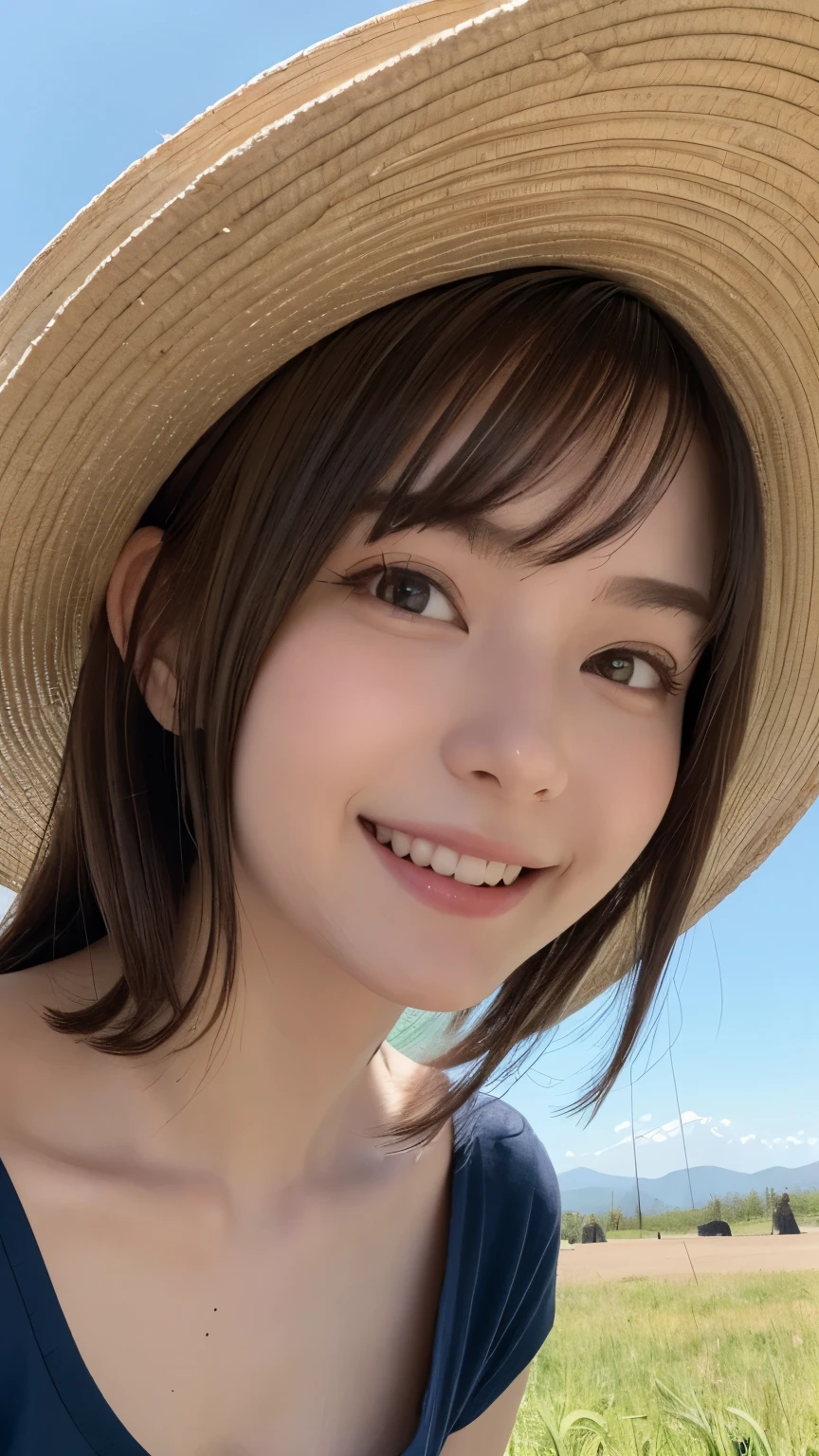 (highest quality,masterpiece:1.3,ultra high resolution),(Super detailed,caustics,8k),(photorealistic:1.4,RAW shooting),16-year-old,cute,Japanese,straw hat,Black Hair Middle Hair,(T-shirt),(smile),looking at the camera,blue sky,sun,Backlight,(top of the hill),(Tall green grassland:1.1),(Standing in the steppe),(ground level shot:1.1),(shot from the waist up),(face focus),(low position:1.2),(Low - Angle:1.2),Natural light , (shy smile :1.3)
