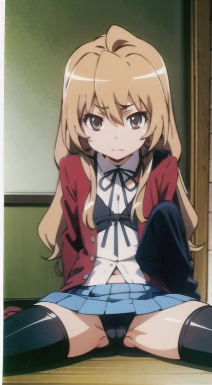 masterpiece,absurdres,best quality,high quality,1girl,aisaka taiga,twintails,blue skirt,,pleated skirt,black ribbon,thighhighs,red jacket,sitting,looking at viewer,(flat chest:1.1) ),upper body, spread legs, panties, cameltoe 