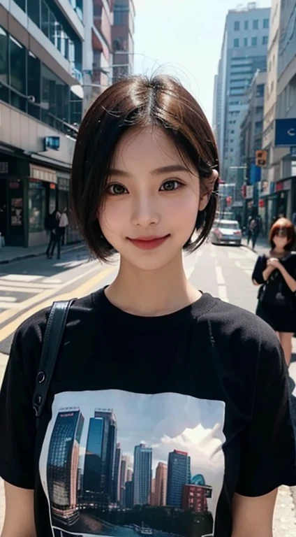 masterpiece、one beautiful women、A detailed face、A detailed eye、Detailed skin、top-quality、japanes、Illuminated from the front with bright lighting、profetional lighting、Always face straight ahead、The background is a little blurry、24 year old、In the background, there are many PC monitors lined up and the wiring is bare.、Streets lined with cyberpunk buildings、Wearing a rock and punk t-shirt、a smile、short-cut、Band Girl