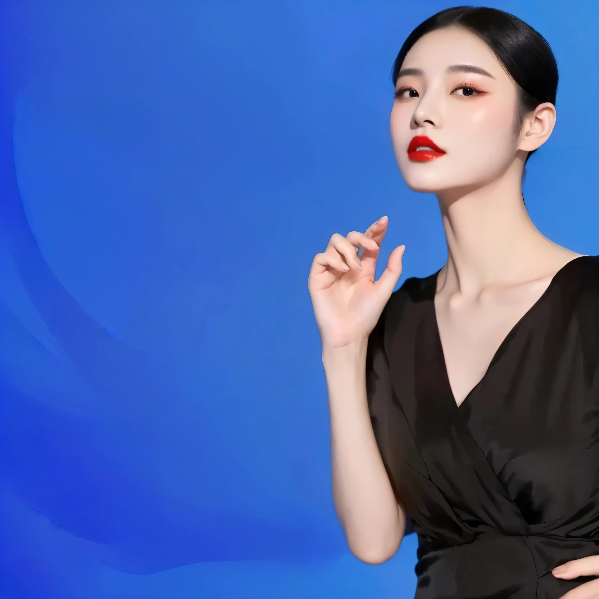arafed woman in a black dress with red lipstick and a red lip, jia, black and red silk clothing, sha xi, inspired by Dai Xi, xintong chen, xianxia, li zixin, inspired by Huang Ji, gongbi, jinyiwei, lu ji, with a blue background, inspired by Ma Yuanyu