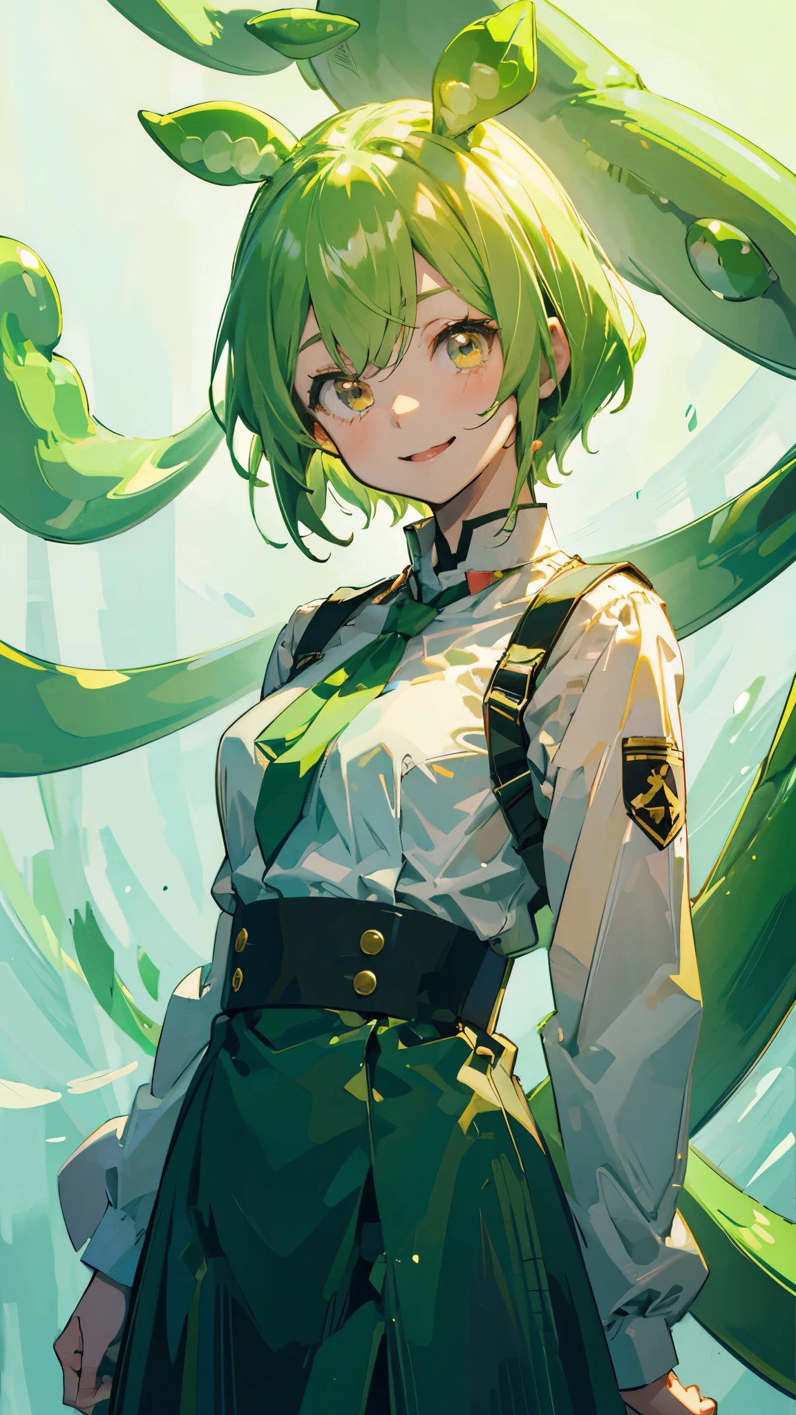 Beautiful girl，Yellow-green hair，Beaver、short hair、Gently droopy eyes，Upper body close-up、uniform，Manga Style，Full Color，high school girl，A calm and kind face，Big smile、An innocent smile