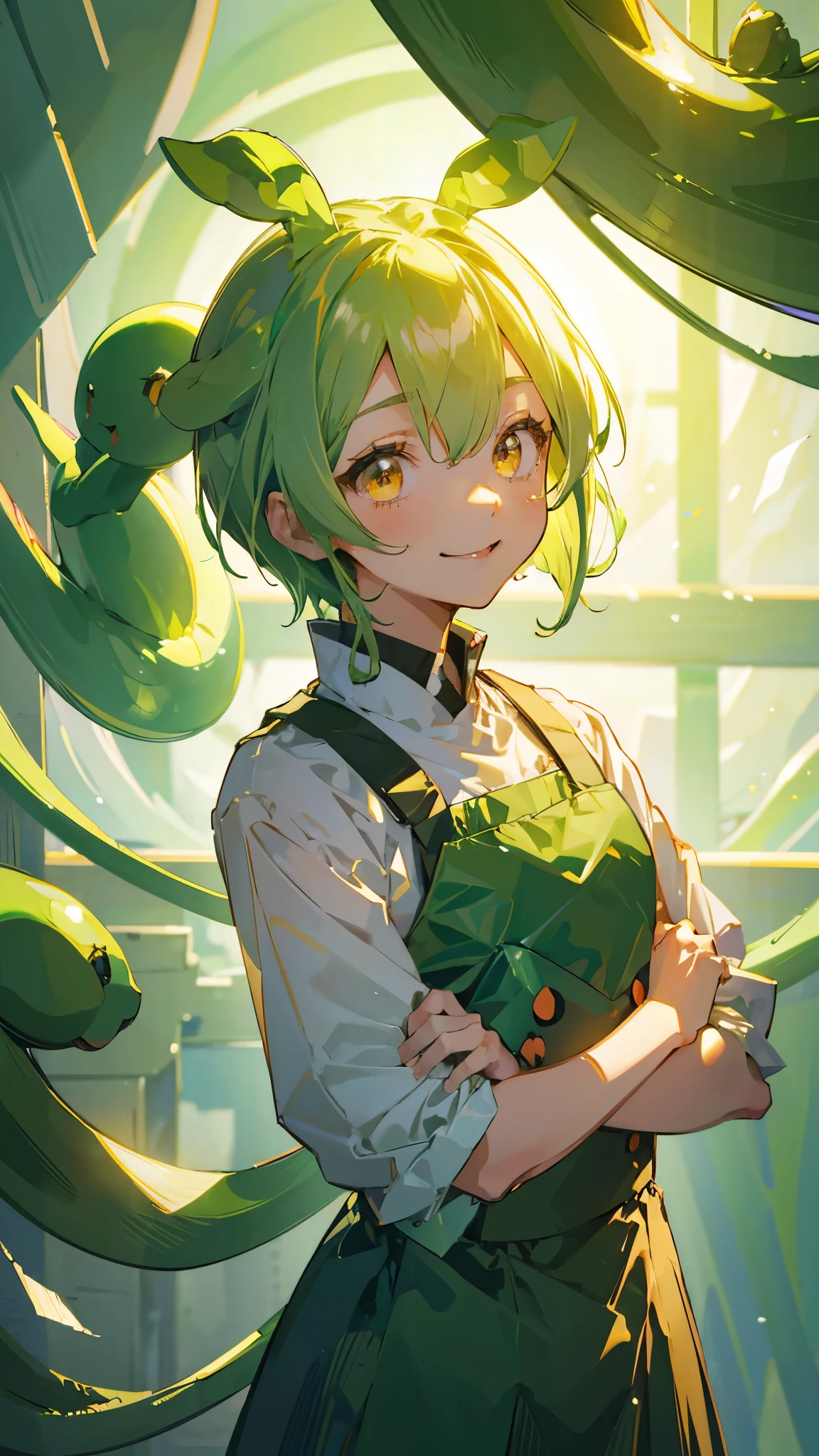 Beautiful girl，Yellow-green hair，Beaver、short hair、Gently droopy eyes，Upper body close-up、uniform，Manga Style，Full Color，high school girl，A calm and kind face，Big smile、An innocent smile