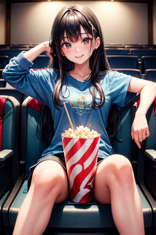 1girl,solo,cute,smile,black hair and long hair,,after school,in theater,in theater room,she shitting a theater seat,she watch a movie,she have a popcorn bucket