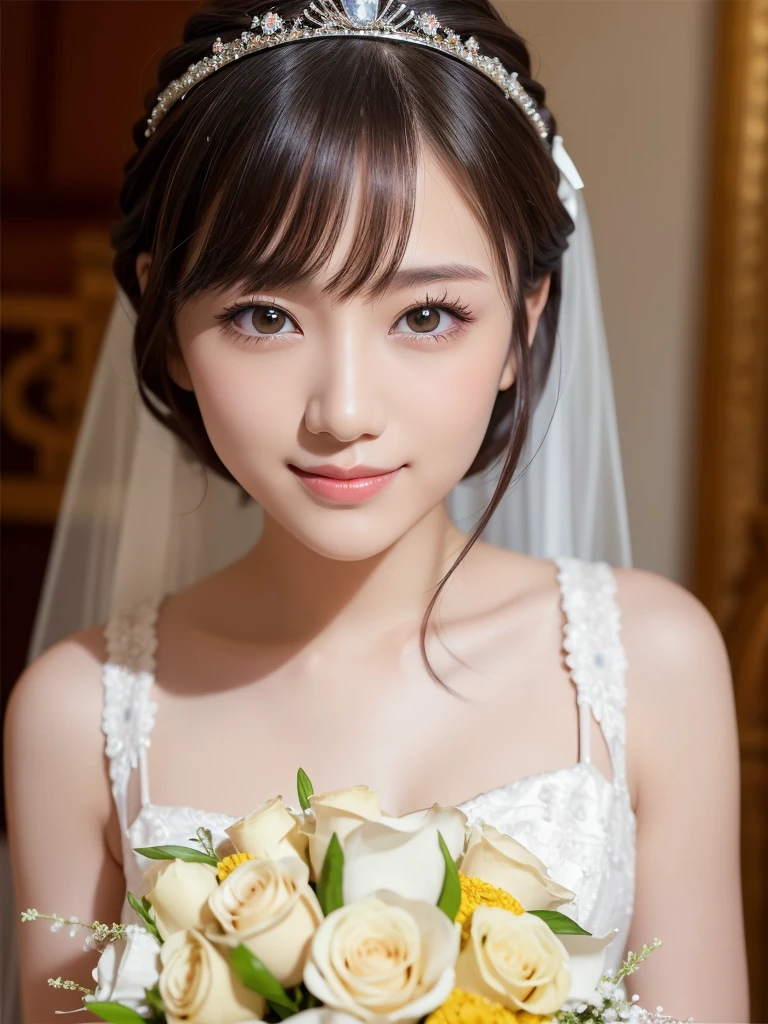 (highest quality:1.5), (Realistic:1.5), (1 person:1.5), (Medium Shot:1.5), Very detailed, High resolution, 8k wallpaper, , Small breasts, Natural color lips, Cute Smile, Japanese women, 20-year-old girl, Beautiful and elegant face, Perfect and beautiful face, Big eyes, Brunette's eyes, Beautiful and elegant face, Perfect and beautiful double eyelids, Natural Bangs, Beautiful thin nose, Beautiful Skin, Chestnut Hair, Medium Bob Hair, Natural Bangs, Perfect and beautiful face, Slim face and figure, (Looking at the camera), Bright lighting, Professional Lighting, Forward lighting, Natural smile, church, Princess line wedding dress, tiara, Holding the bouquet at stomach level、