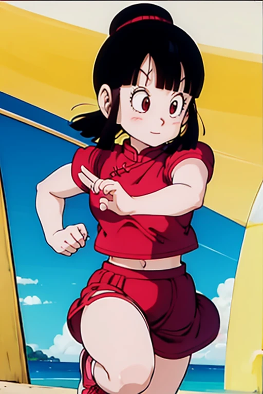8--old、l with black bob hair、running、summer、Short sleeve、Red Skirt、shoot from below