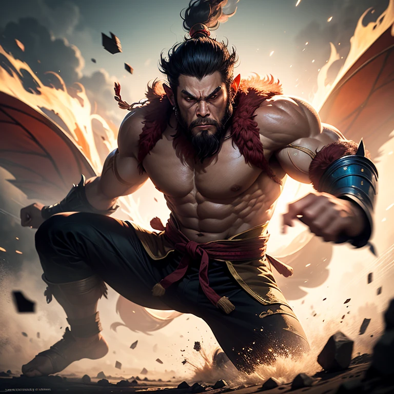 Monkey King in battle ::3 epic battle scenes, actionpacked, Dynamic composition ::2 Strong light illumination, Dramatic shadows, strong contrasts ::1 Martial arts poses, Agile movements, Acrobatic fighting style ::1 Whirlwind, Flying debris, energy blast