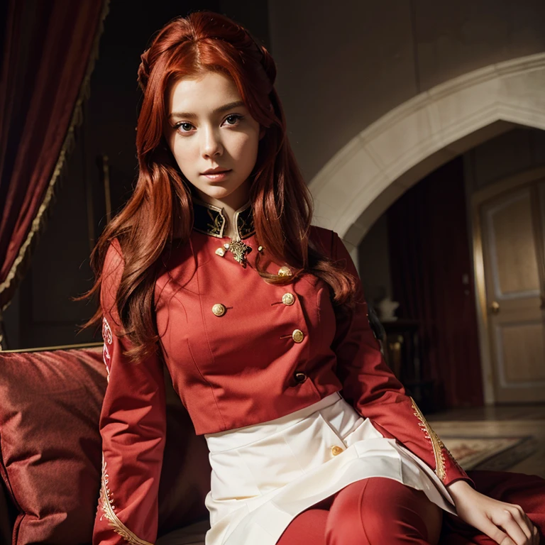 Anime beautiful girl with red hair and royal uniform