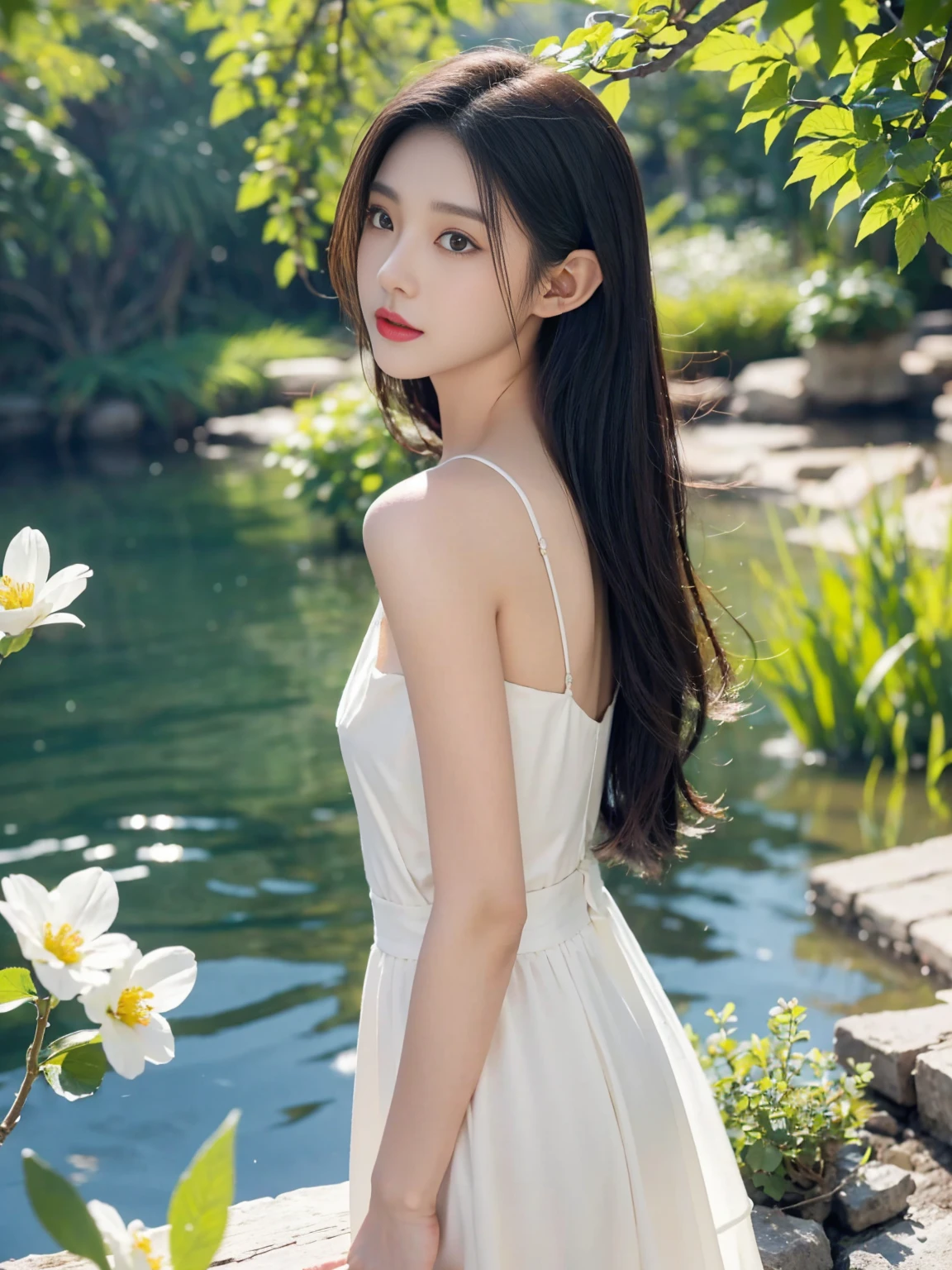In that picturesque sea of flowers,A girl stood quietly like a fairy。Her skin as white as snow,As delicate as white jade,Still has a slight luster,As if kissed by the morning light。Her eyebrows are like crescent moon,Slender and dense,Just like the most delicate brush outline,Below are the clear and bright eyes,It's like a deep lake,Reflecting the sea of stars,It's a deep immersion,Inextricable。Her nose is straight,Small and exquisite,Like a finely crafted work of art,Adds a three-dimensional feel to her exquisite face。The cherry-red lips slightly raised,With a gentle smile,Like the most beautiful flowers blooming in spring,It makes people intoxicated。Her hair falls like a waterfall on her shoulders,In the gentle breeze,Floating as softly as silk,The colorful flowers around it complement each other,It forms a beautiful dream picture。The golden sunlight shines on her,It was as if she was covered with a layer of golden gauze.,Make her more beautiful,Like an elf coming out of a dream。