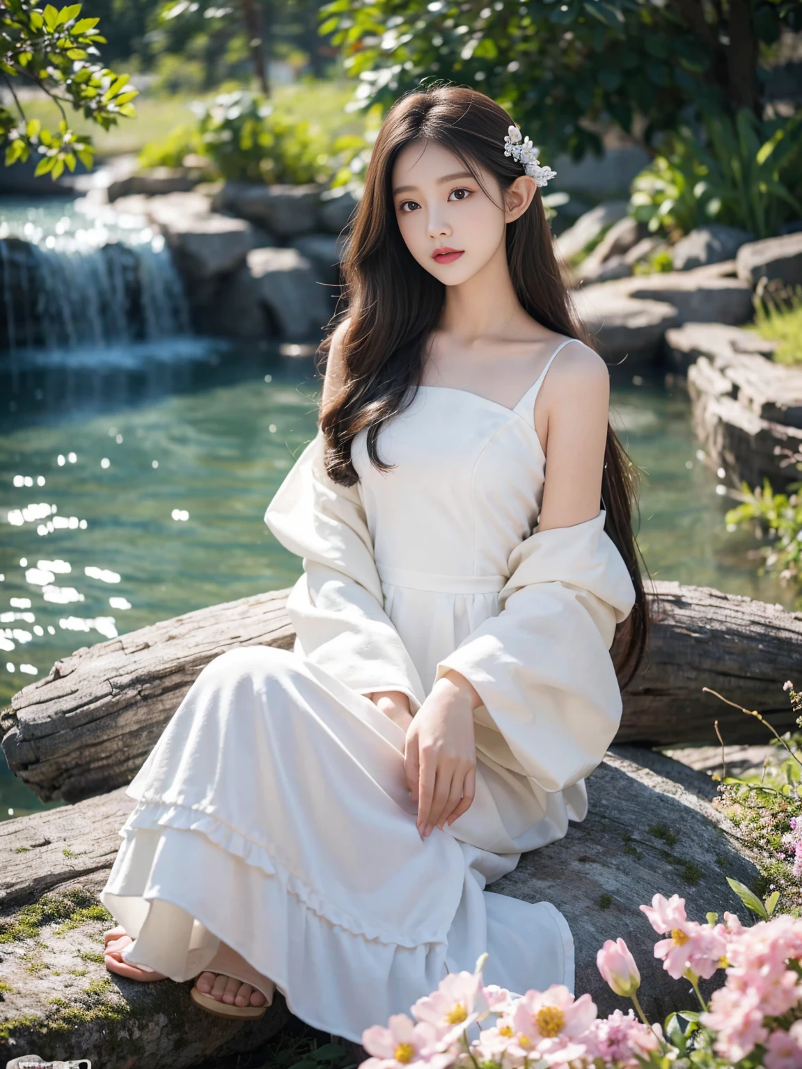 In that picturesque sea of flowers,A girl stood quietly like a fairy。Her skin as white as snow,As delicate as white jade,Still has a slight luster,As if kissed by the morning light。Her eyebrows are like crescent moon,Slender and dense,Just like the most delicate brush outline,Below are the clear and bright eyes,It's like a deep lake,Reflecting the sea of stars,It's a deep immersion,Inextricable。Her nose is straight,Small and exquisite,Like a finely crafted work of art,Adds a three-dimensional feel to her exquisite face。The cherry-red lips slightly raised,With a gentle smile,Like the most beautiful flowers blooming in spring,It makes people intoxicated。Her hair falls like a waterfall on her shoulders,In the gentle breeze,Floating as softly as silk,The colorful flowers around it complement each other,It forms a beautiful dream picture。The golden sunlight shines on her,It was as if she was covered with a layer of golden gauze.,Make her more beautiful,Like an elf coming out of a dream。