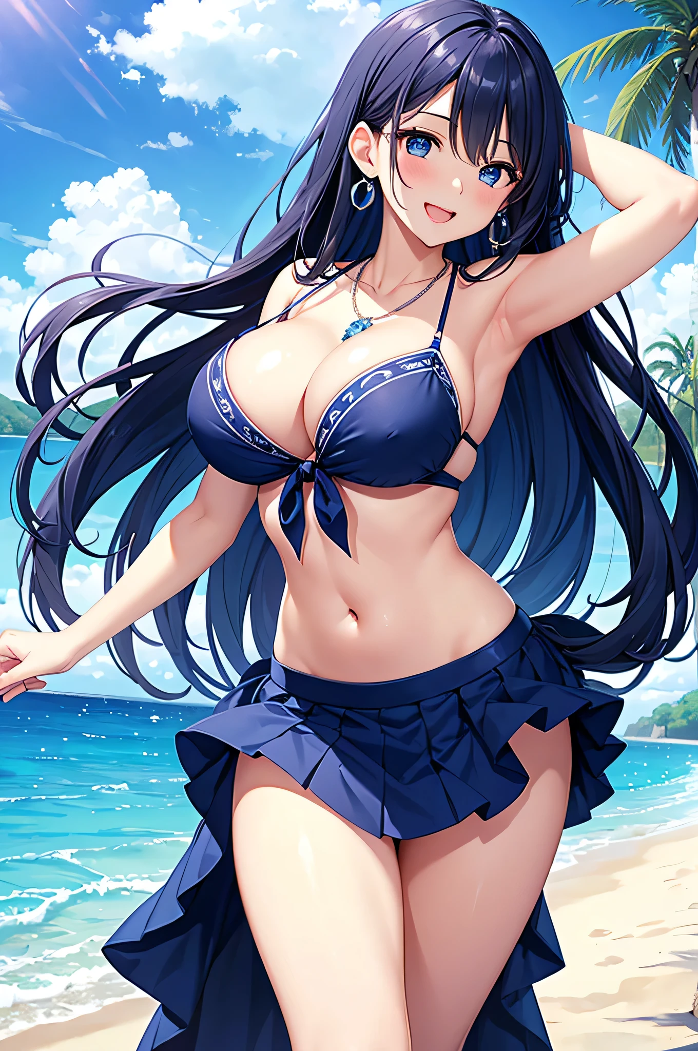 highest quality、Best image quality、masterpiece、beautiful girl、Navy blue long hair、blue eyes、Navy Blue Bikini、Big cleavage、(Big Breasts)、smile、blue necklace、Blue Earrings、background(Beach)、Sexy pose、Please open your mouth wide、Navy Blue Skirt