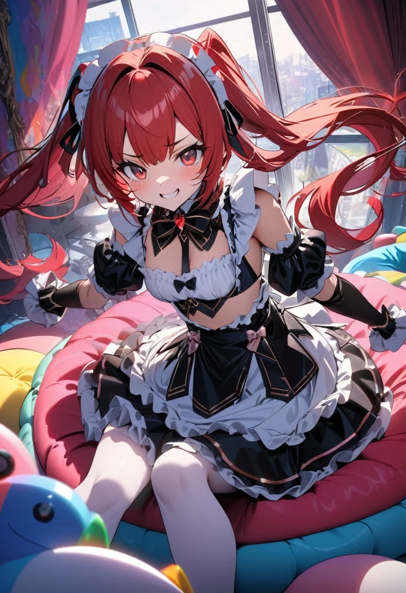 High quality, high definition, hig
h precision images,8k 2girl Robot Girl、red hair,Twin tails,Red eyes.(robot style red and white barrette)、colorful room、 colorful cute round bed, ((White and red luxurious frilled maid outfit,))Sitting down and fighting,,smile