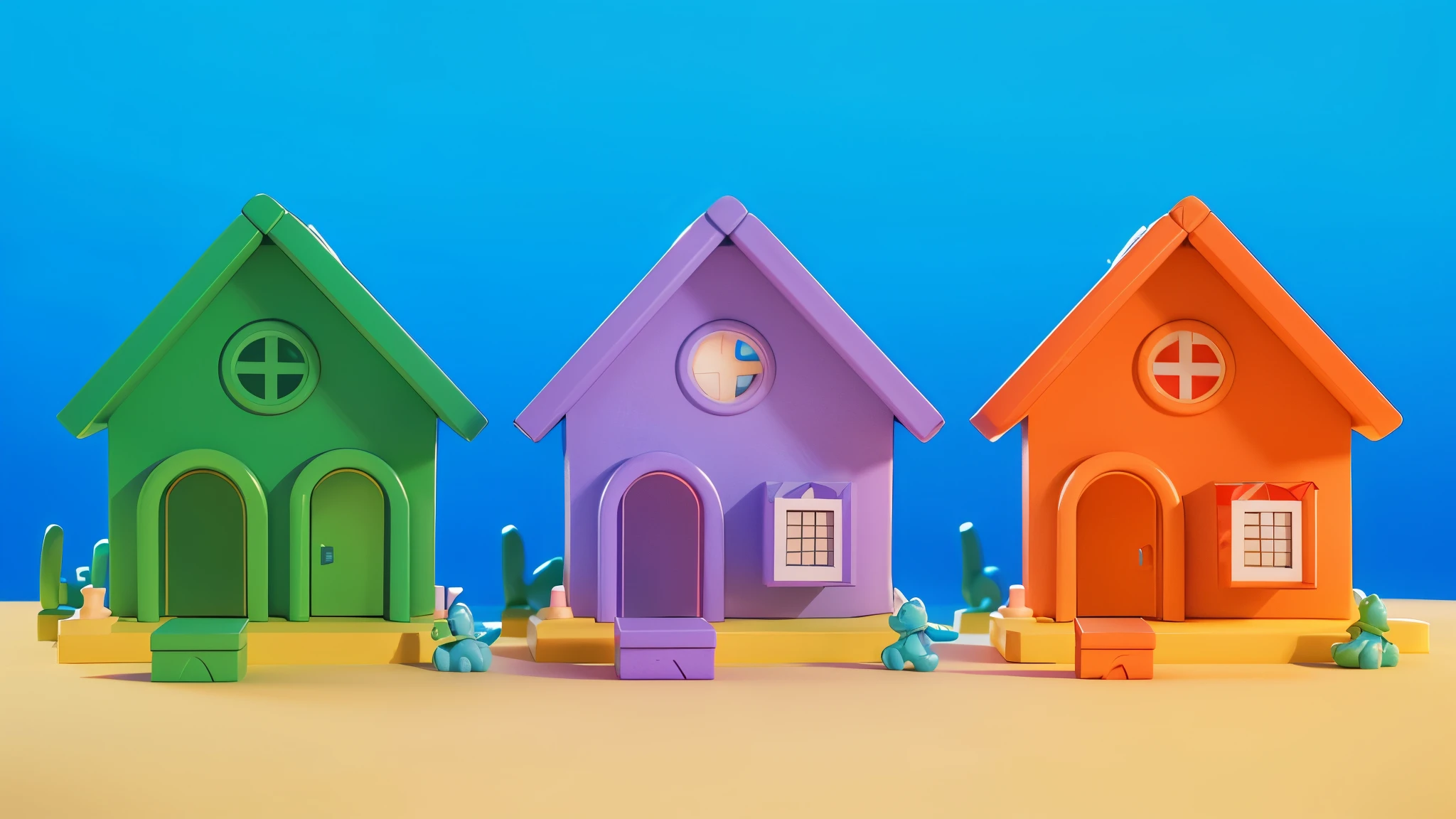 The image depicts three colorful houses in a desert setting. The image depicts a 3D rendered illustration of a boy and a girl with their hands shaped in the shape of a heart. They are both smiling and have red hair. The background is blue. cartoon characters stand next to each other, Electricsbunny, Holographic creatures, Beeple and Jeremiah Ketner, 🐋 as 🐘 as 🤖 as 👽 as 🐳, matte, Rabbids, cute 3D rendering, 3D icon for mobile game, robot rabbit, Shiny metallic, 3D персонажи violet cat toy, toy cat laying on glossy , glossy texture, smooth 3d model, multiple light sources, rim light, sharp post effects render, (glossy big light probe refractions), perfect cgi, cgi art created only with gradients, smooth silhouette, high intensity refraction, ( ), most beautiful vfx, blue background