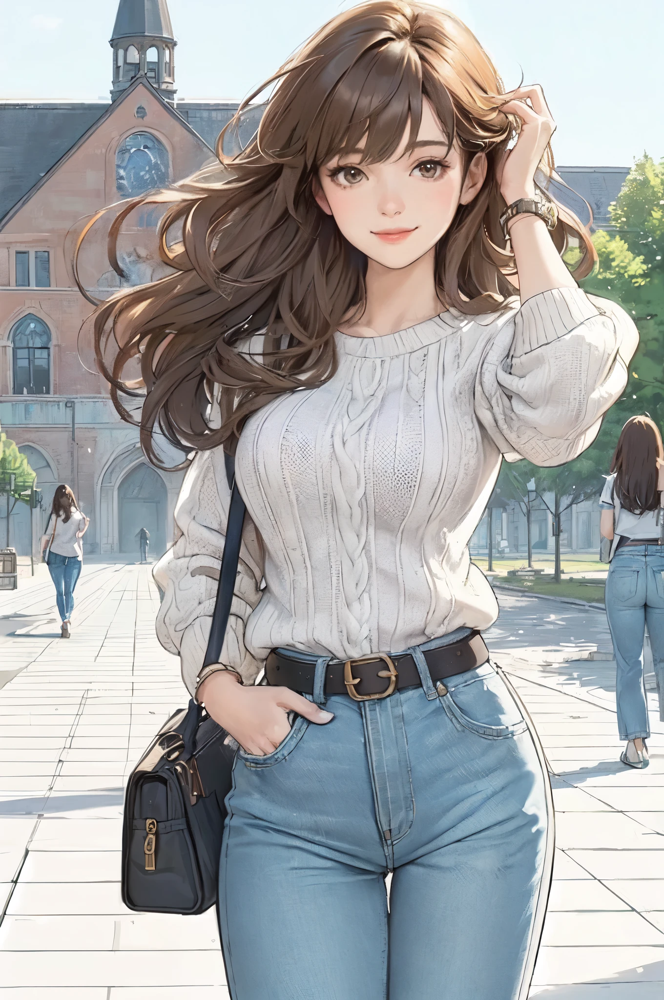 1lady solo, (strolling through university campus), stylish (refreshing knit) (denim pants), mature female, /(light brown hair/) bangs, kind smile, (masterpiece best quality:1.2) delicate illustration ultra-detailed, large breasts, (holding casual bag) BREAK (general university campus) outdoors, noon, detailed background