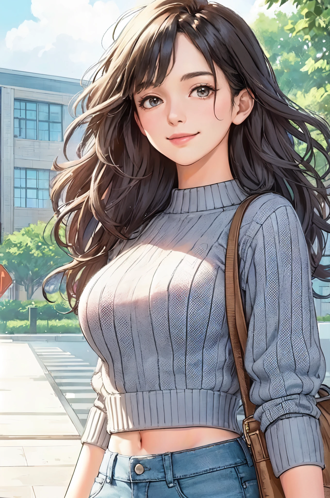1lady solo, (strolling through university campus), stylish (refreshing knit) (denim pants), mature female, /(light black hair/) bangs, kind smile, (masterpiece best quality:1.2) delicate illustration ultra-detailed, large breasts, (holding casual bag) BREAK (general university campus) outdoors, noon, detailed background