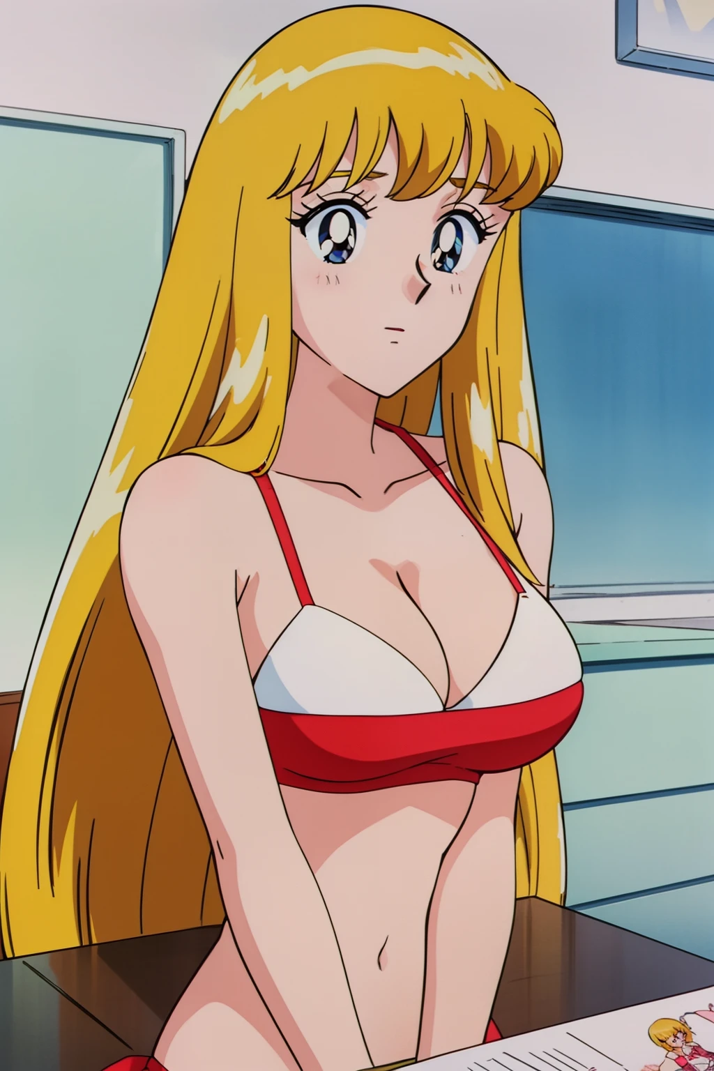 (anime cels style, Masterpiece, best quality, high resolution, anime colored, megami magazine:1.2, anime poster style, anime keyvisual, sharp, 8k, photorealistic), (beautiful eyes:1.5), reiko_aiwaifu, 1woman, milf, blond hair, long hair, (sagging huge breast), micro bikini, cleavage, (upper body:1.5), sitting, (perfect detailed anatomy, perfect arms, perfect fingers, beautiful face, perfect body, shiny skin), beach,