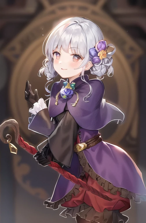 A girl with silver hair and braids on both sides。She is wearing a rope flower-shaped hair accessory next to her ear.。Wearing a light pinkish purple cape。The cape has a ball accessory attached around the neck.。She wears a purple dress with a leather belt。The dress is open at the front of the lower body。Wearing drawers。Wearing brown leather gloves。Holding a shepherd's crook。Background is white