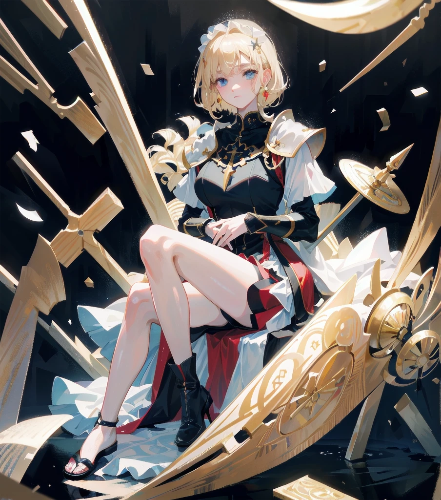 absurdres, RAW photo, extremely delicate and beautiful, masterpiece, Best Quality, ultra high resolution, 32k, hyperrealistic, ultra-detailed, 20 years old, detailed beautiful face, tearful mole, earring, very huge round breasts, short medium hair, wavy hair, wet clothes, (full body shot), alone, blonde hair, gauntlets, Joan of Arc, (surcoat), (cross armor),