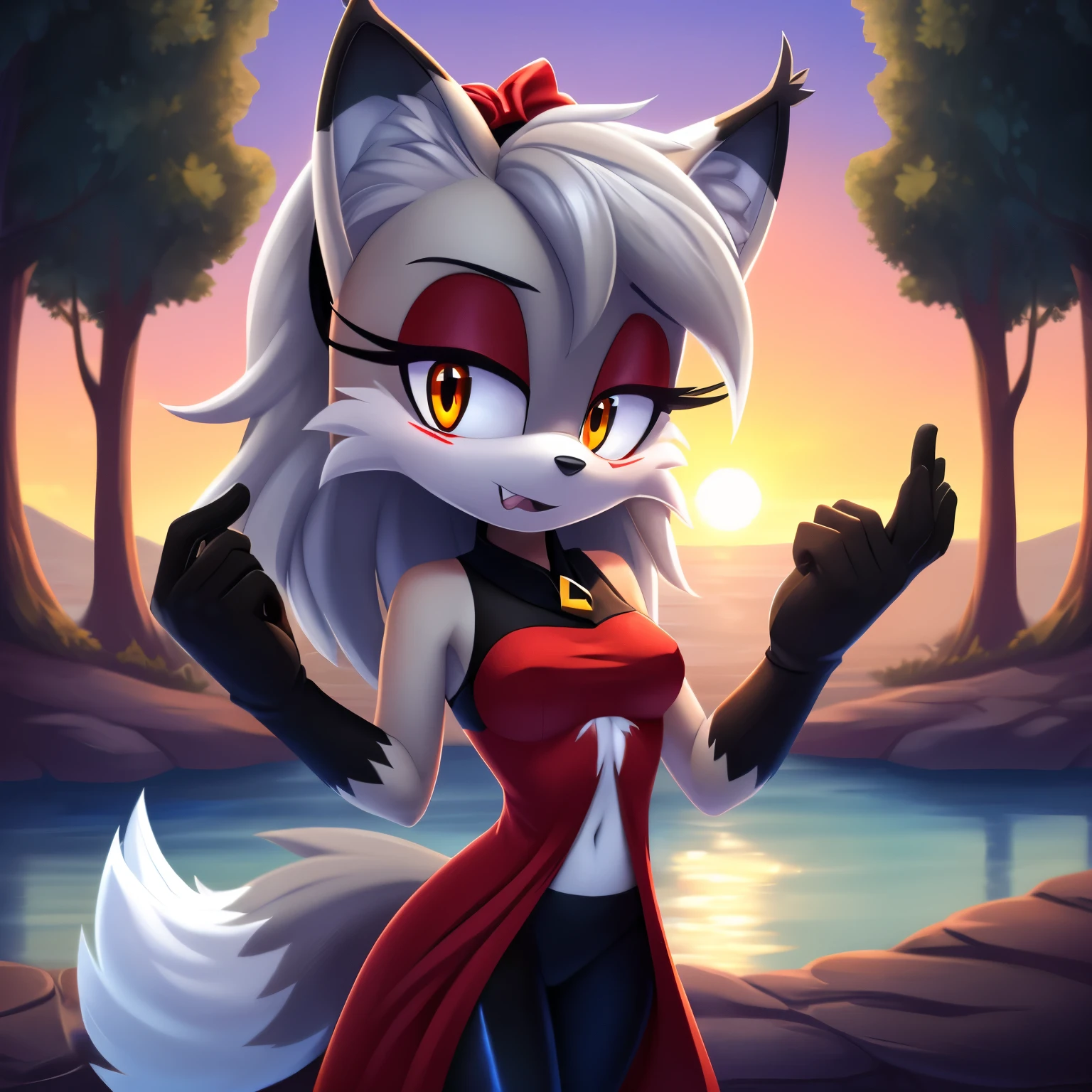 masterpiece, best quality, ultra-detailed, cinematic lighting, beautiful lighting, detailed background, detailed iris, detailed eyes, shading, intricate details, ((sharp, dynamic pose, expressive eyes)), (4k), ((((2d, 2d art)))), digital art, solo, outdoors, female, Mobian, (whitish grey Fox), 1girl, animal ear fluff, navel, hairband, long hair, animal ears, breasts, tree, furry, ((fox girl)), (((whitish light grey hair))), bangs, cowboy shot, pants, black gloves, animal nose, gloves, (fox ears), nature, standing, furry female, water, sunset, looking at viewer, (((whitish light grey fur))), forest, ribbon, black yoga pants, black hairband, clenched hands, sky, tail, hair ribbon, fang, black ribbon, medium breasts, fox tail, very long hair, orange eyes, body fur, river, sidelocks, ((white fur)), shiny, lake, grass, small breasts, scenery, fur trim, red markings on face, red eyeshadow, Nicole cosplay, cosplay, nicolethelynx outfit but red, looking at viewer, ((embarrassed expression)), ((looking down at herself nervously/scared)), furry female anthro, strapless red dress, ((split dress)), black pants, black gloves, looking at viewer, (strapless), ((red sleeveless dress with black and white split tails decorated with a white trim)), and a small brooch with a red gem