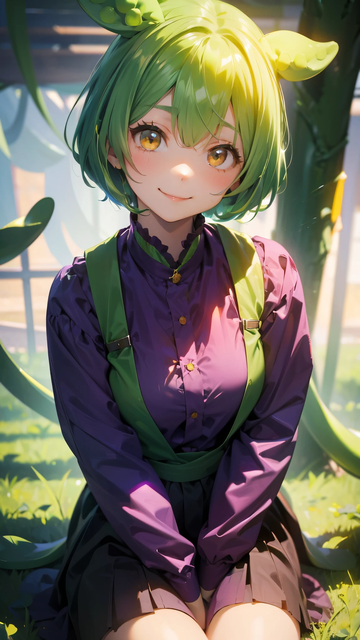 beautiful girl，Yellow-green hair，Beaver、short hair、Gentle droopy eyes、high school girl、A calm and kind face，Big smile、An innocent smile