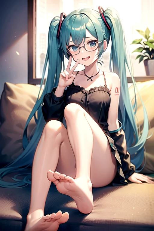 masterpiece, highest quality, Very detailed, girl sole barefoot Sticking out tongue Glasses peace sign Hatsune Miku