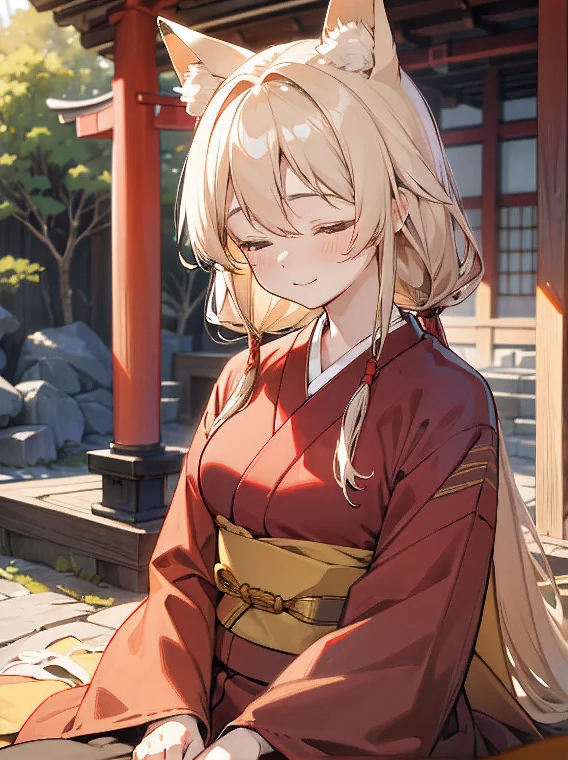(best quality,4k,8k,highres,masterpiece:1.2), ultra-detailed, (deformed, photorealistic, photo-realistic:1.3), One woman, 20 years old, kawaii, Japanese, calm, long golden straight hair with a lot of hair, ears hidden by hair, black yellow fox ears with a little black tip, both eyes closed, bashful eyes, smiling, mouth closed, soft mouth, giggling, slender, simple kimono with long hem, facing us, background Japanese shrine, spring.