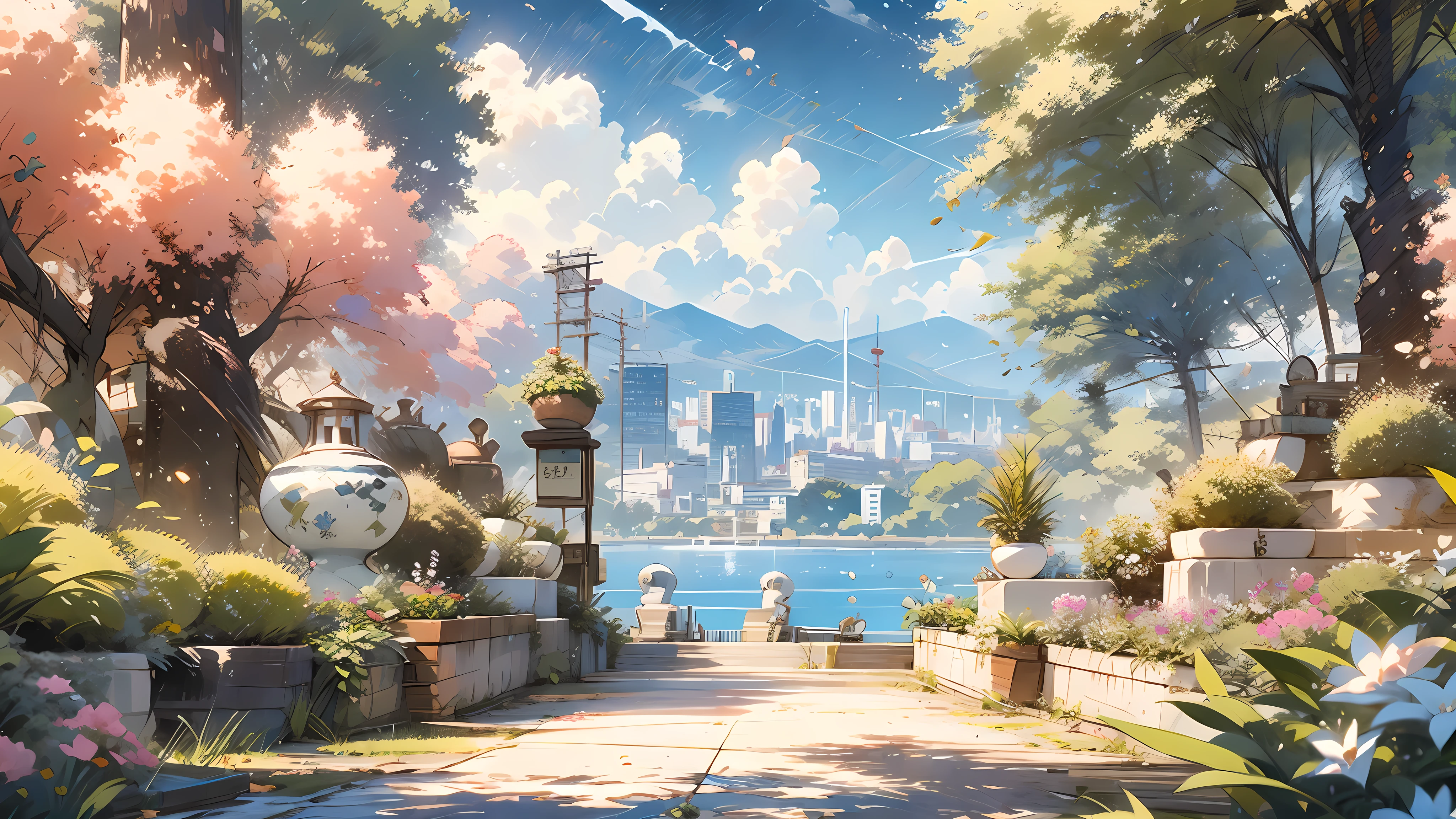 Kasuga，garden，(lakeside)，Perfect picture quality, ((best quality)), ((masterpiece)), (detailed), Imagine yourself strolling through a vast urban park nestled in the heart of a bustling city. As you wander along meandering pathways lined with lush greenery and colorful blooms, you catch glimpses of towering skyscrapers rising majestically against the skyline. Describe the scene before you: the juxtaposition of nature's tranquility against the backdrop of modern architecture, the soft rustle of leaves mingling with the distant hum of city life. Capture the sense of serenity and awe inspired by this harmonious blend of urban sophistication and natural beauty. 