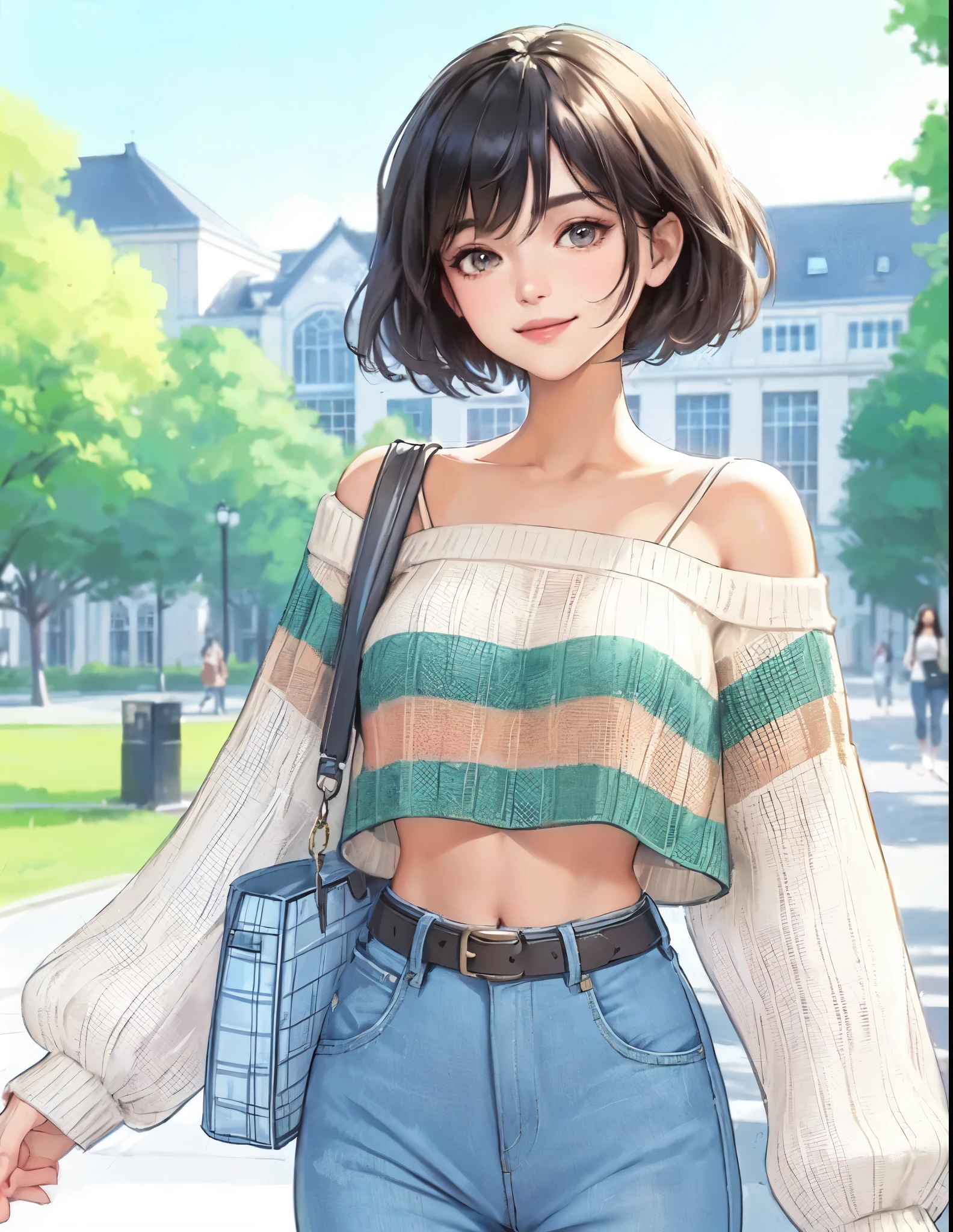 1lady solo, (strolling through university campus), stylish (refreshing knit) (denim pants), mature female, /(light black short hair/) bangs, kind smile, (masterpiece best quality:1.2) delicate illustration ultra-detailed, large breasts, (holding casual bag) BREAK (general university campus) outdoors, noon, detailed background