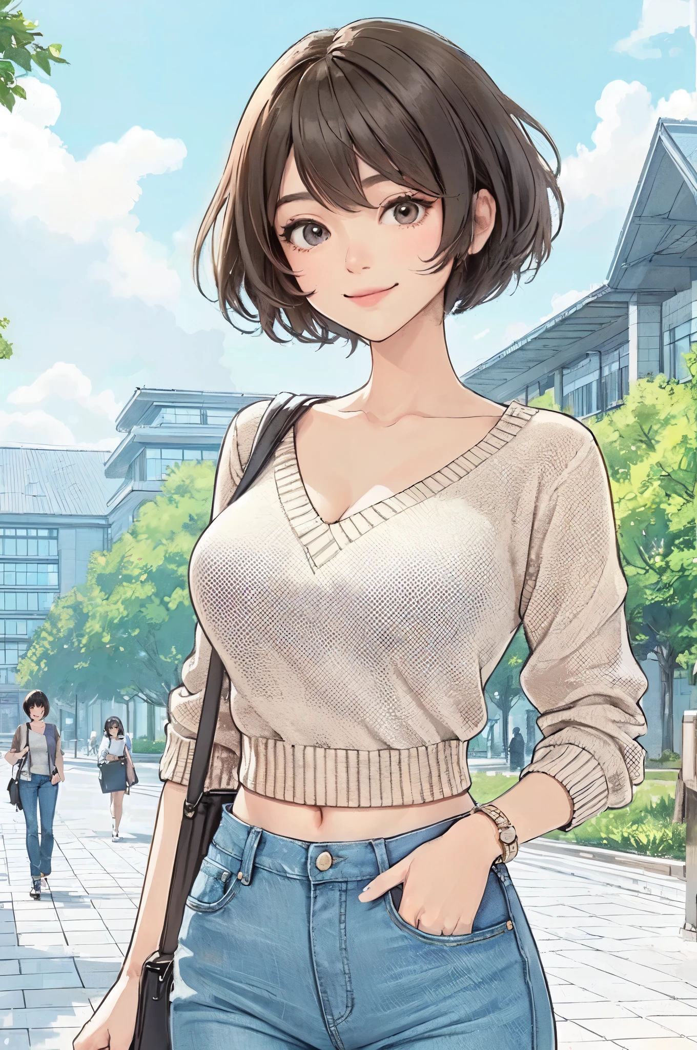 1lady solo, (strolling through university campus), stylish (refreshing knit) (denim pants), mature female, /(dark brown short hair/) bangs, kind smile, (masterpiece best quality:1.2) delicate illustration ultra-detailed, large breasts, (holding casual bag) BREAK (general university campus) outdoors, noon, detailed background